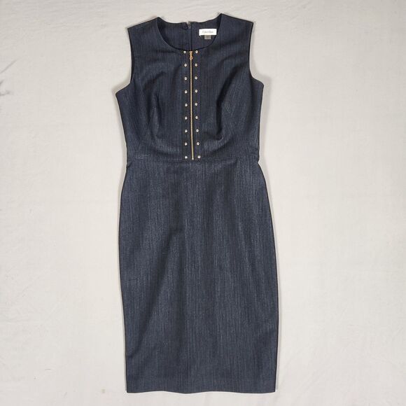 Calvin Klein Dresses & Skirts - Calvin Klein Denim Sheath Dress Gold Zip Studded Size 6 Stretch